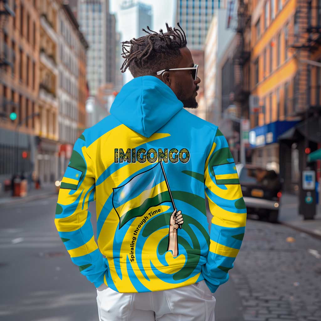 Rwanda Hoodie with Imigongo Spiraling Flag Hand Wave Time Spirit