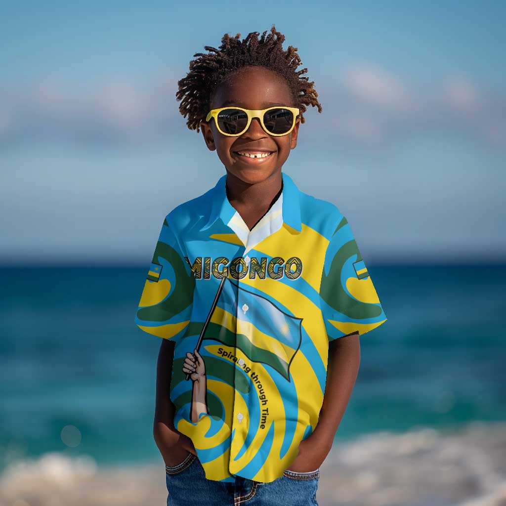 Rwanda Kid Hawaiian Shirt with Imigongo Spiraling Flag Hand Wave Time Spirit