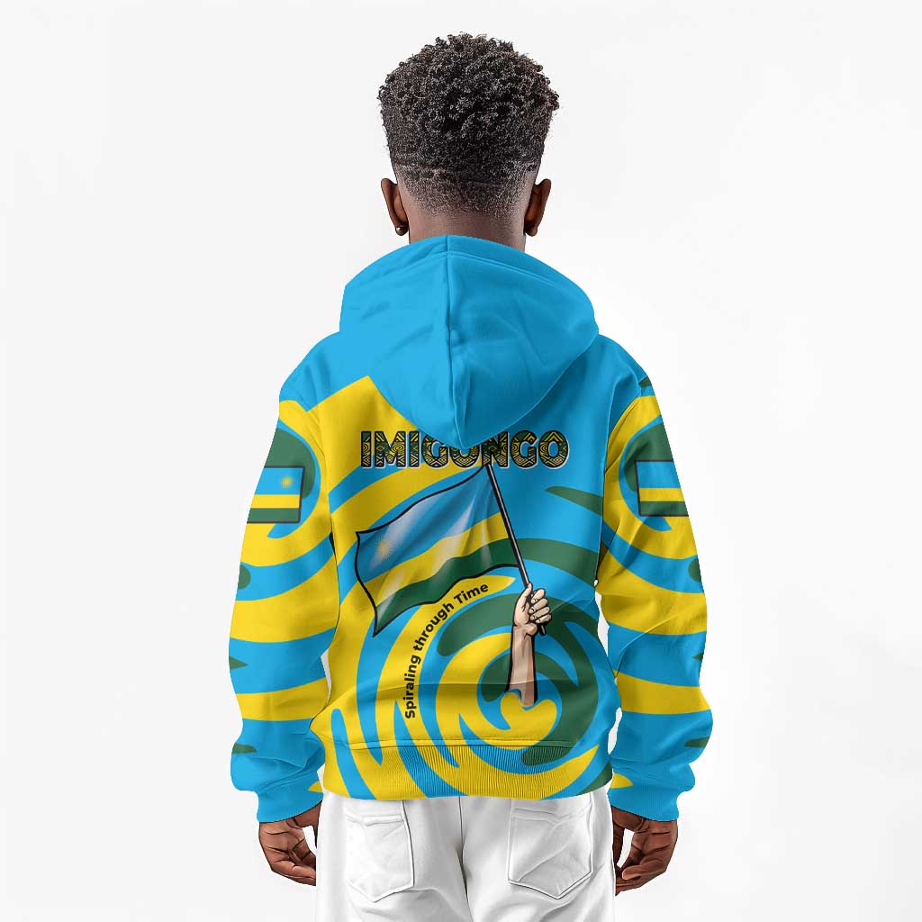 Rwanda Kid Hoodie with Imigongo Spiraling Flag Hand Wave Time Spirit