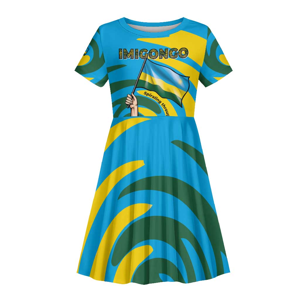 Rwanda Kid Short Sleeve Dress with Imigongo Spiraling Flag Hand Wave Time Spirit