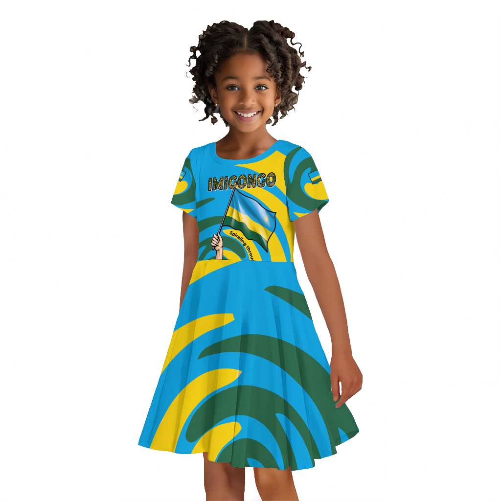 Rwanda Kid Short Sleeve Dress with Imigongo Spiraling Flag Hand Wave Time Spirit