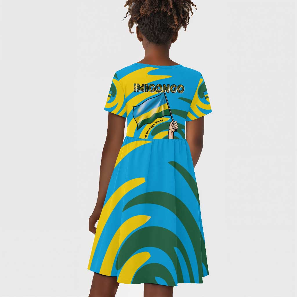 Rwanda Kid Short Sleeve Dress with Imigongo Spiraling Flag Hand Wave Time Spirit