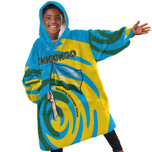 Rwanda Kid Wearable Blanket Hoodie with Imigongo Spiraling Flag Hand Wave Time Spirit