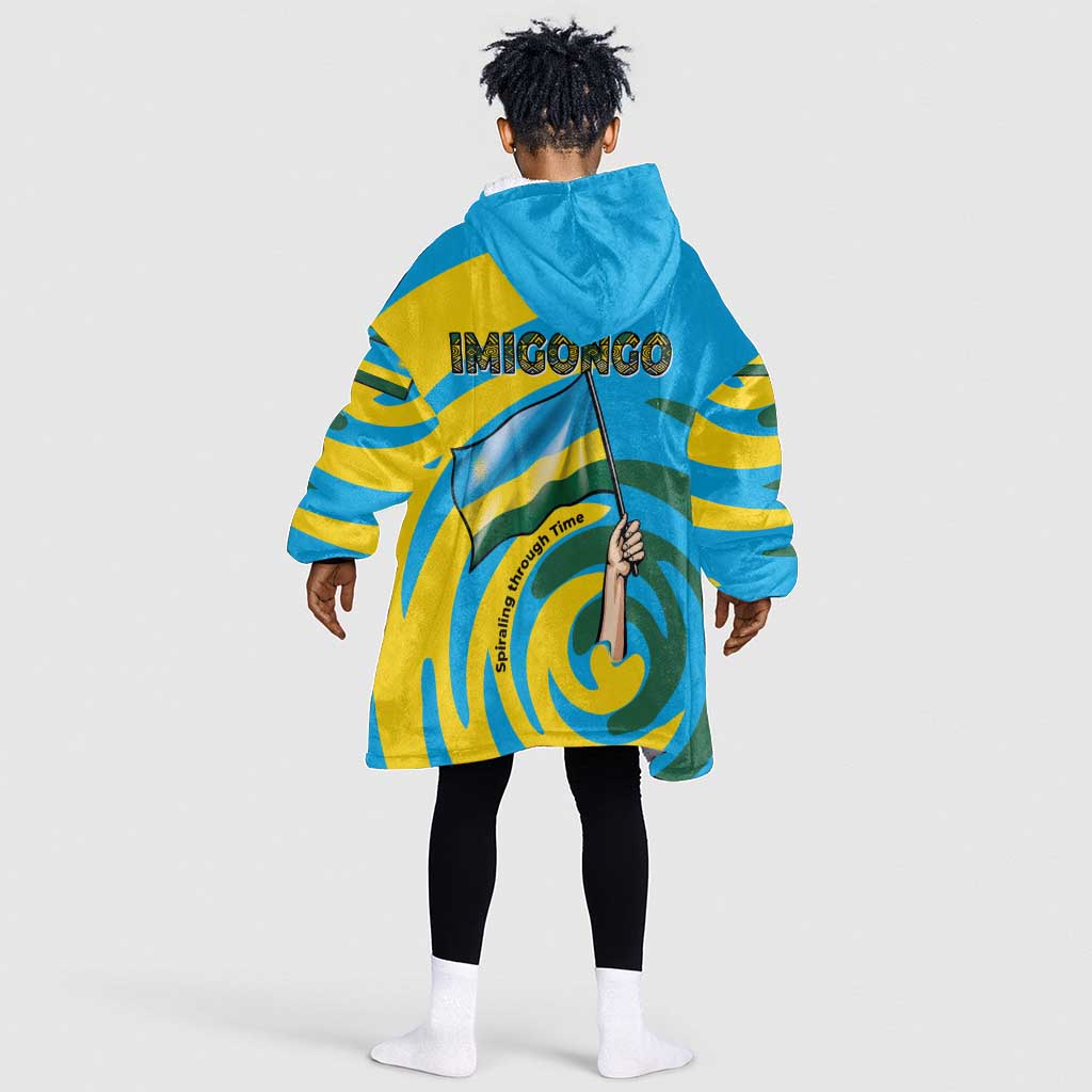 Rwanda Kid Wearable Blanket Hoodie with Imigongo Spiraling Flag Hand Wave Time Spirit