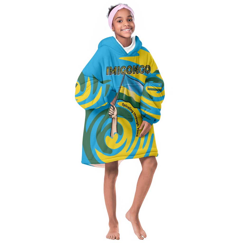 Rwanda Kid Wearable Blanket Hoodie with Imigongo Spiraling Flag Hand Wave Time Spirit