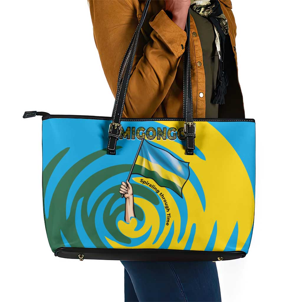 Rwanda Leather Tote Bag with Imigongo Spiraling Flag Hand Wave Time Spirit