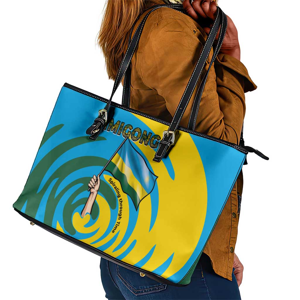 Rwanda Leather Tote Bag with Imigongo Spiraling Flag Hand Wave Time Spirit