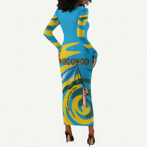 Rwanda Long Sleeve Bodycon Dress with Imigongo Spiraling Flag Hand Wave Time Spirit