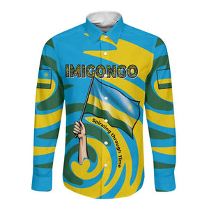 Rwanda Long Sleeve Button Shirt with Imigongo Spiraling Flag Hand Wave Time Spirit