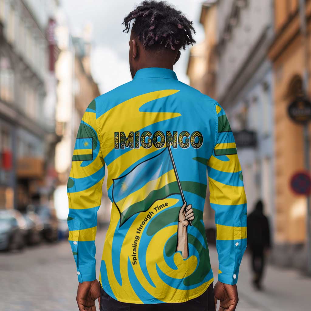 Rwanda Long Sleeve Button Shirt with Imigongo Spiraling Flag Hand Wave Time Spirit
