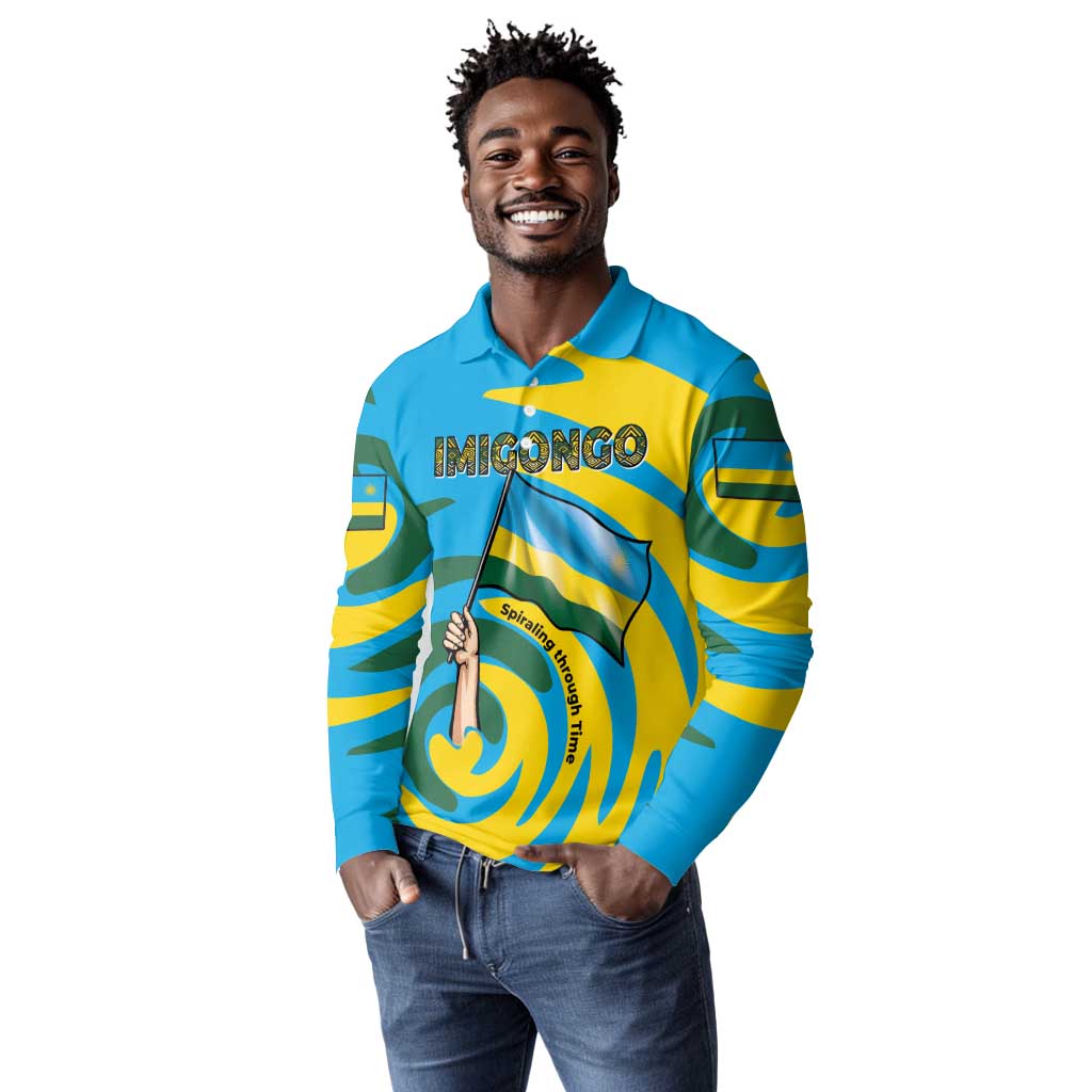 Rwanda Long Sleeve Polo Shirt with Imigongo Spiraling Flag Hand Wave Time Spirit