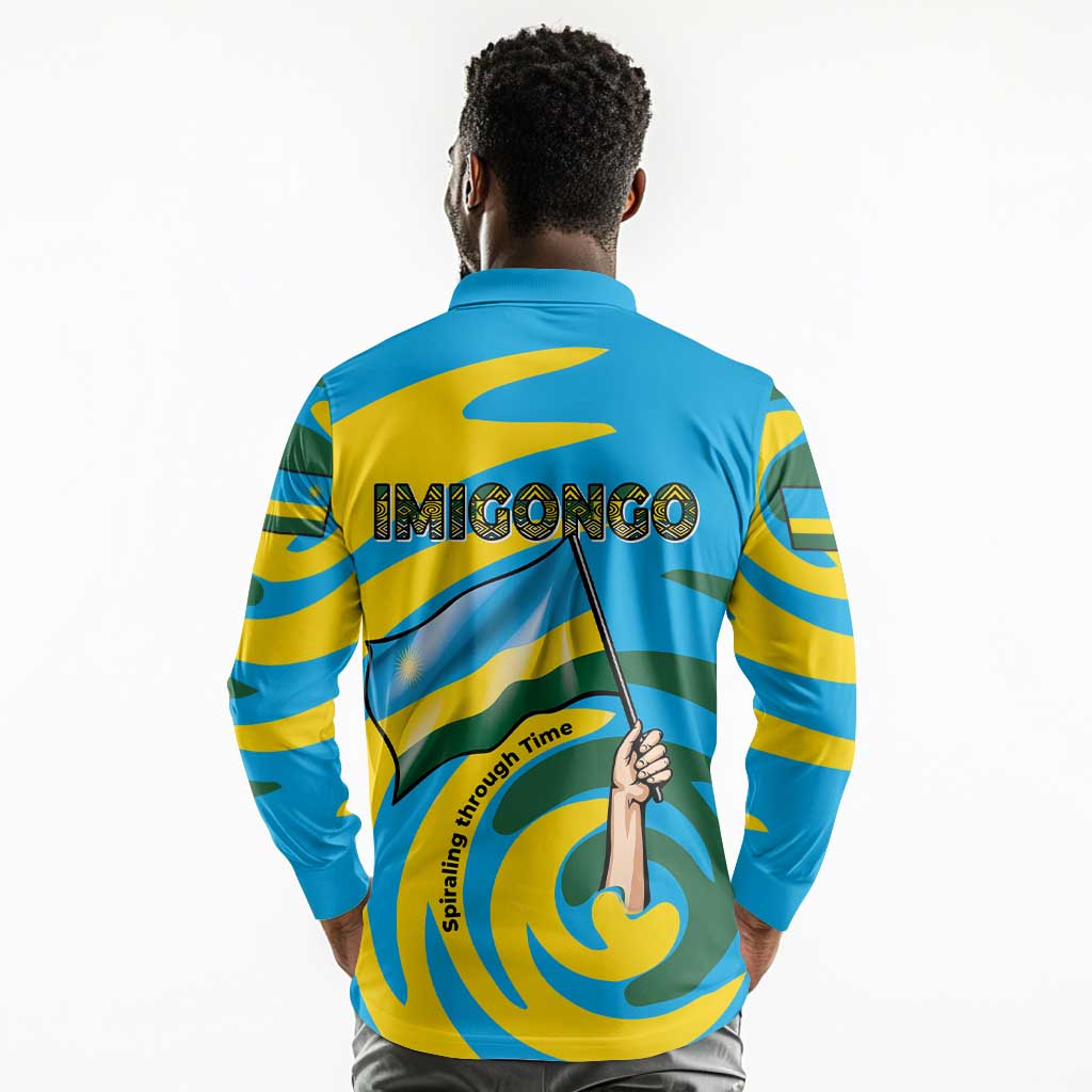 Rwanda Long Sleeve Polo Shirt with Imigongo Spiraling Flag Hand Wave Time Spirit
