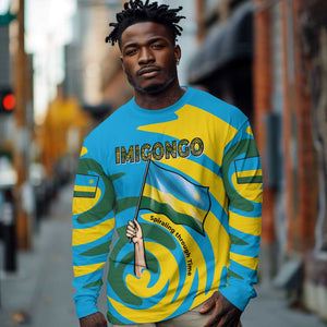 Rwanda Long Sleeve Shirt with Imigongo Spiraling Flag Hand Wave Time Spirit