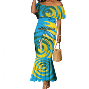 Rwanda Mermaid Dress with Imigongo Spiraling Flag Hand Wave Time Spirit