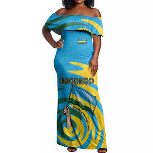 Rwanda Off Shoulder Maxi Dress with Imigongo Spiraling Flag Hand Wave Time Spirit