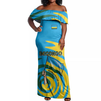 Rwanda Off Shoulder Maxi Dress with Imigongo Spiraling Flag Hand Wave Time Spirit