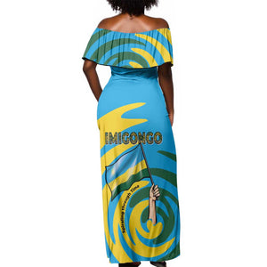 Rwanda Off Shoulder Maxi Dress with Imigongo Spiraling Flag Hand Wave Time Spirit