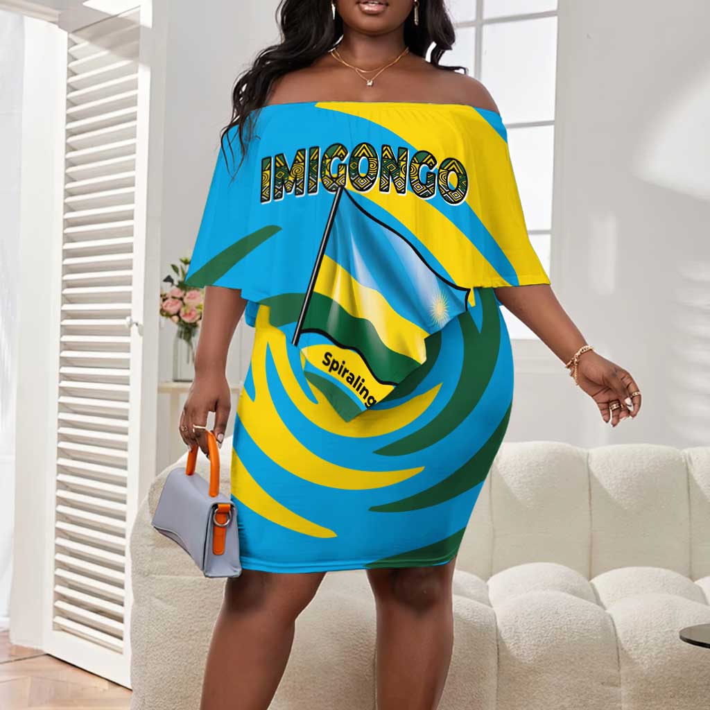 Rwanda Off Shoulder Short Dress with Imigongo Spiraling Flag Hand Wave Time Spirit