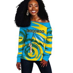 Rwanda Off Shoulder Sweater with Imigongo Spiraling Flag Hand Wave Time Spirit