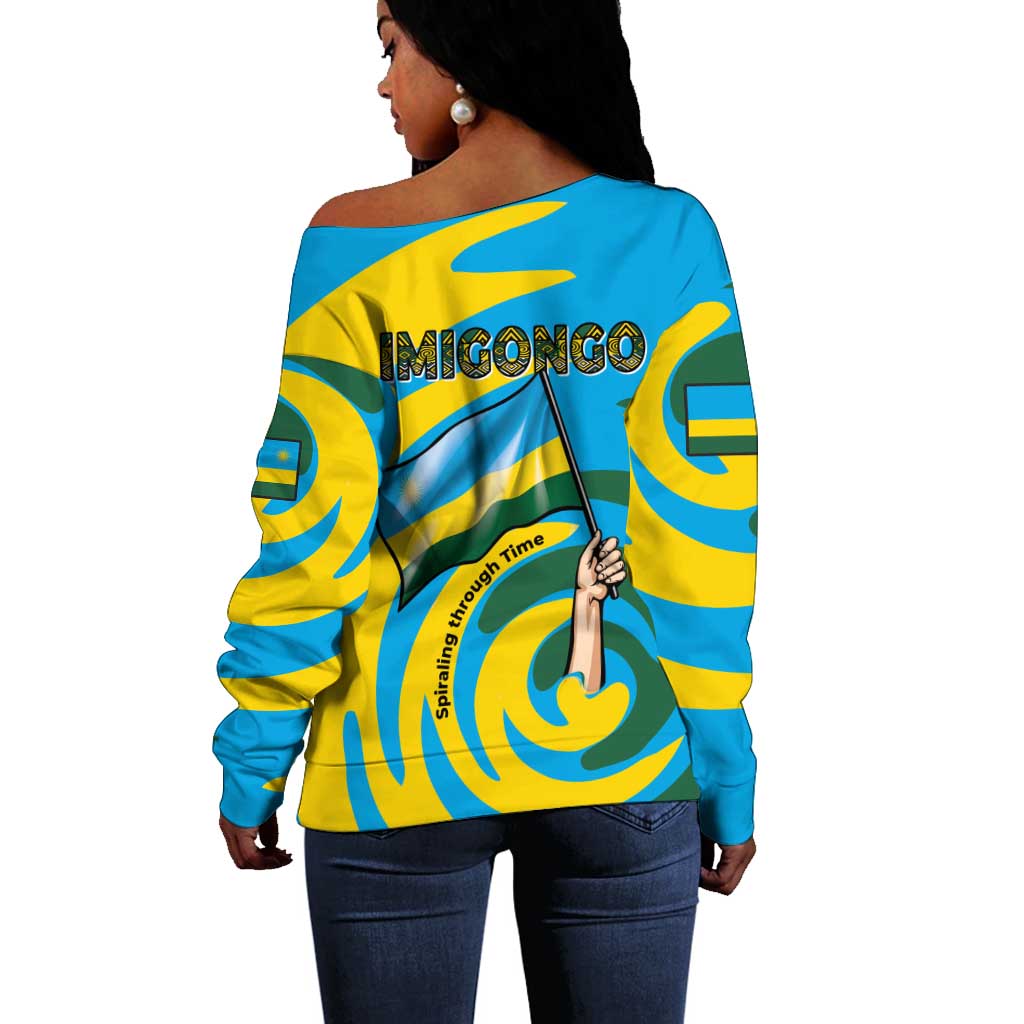 Rwanda Off Shoulder Sweater with Imigongo Spiraling Flag Hand Wave Time Spirit