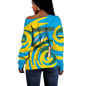 Rwanda Off Shoulder Sweater with Imigongo Spiraling Flag Hand Wave Time Spirit