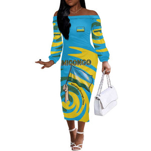Rwanda Off The Shoulder Long Sleeve Dress with Imigongo Spiraling Flag Hand Wave Time Spirit