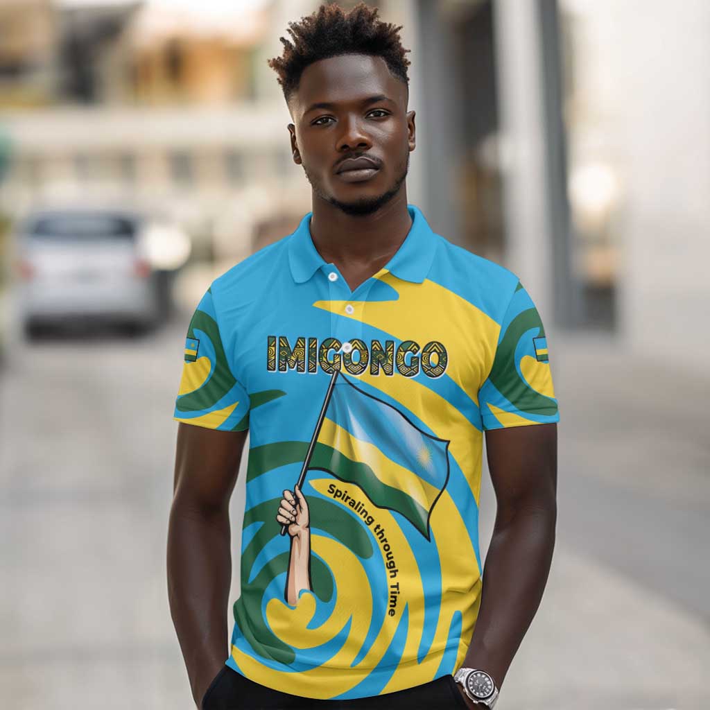 Rwanda Polo Shirt with Imigongo Spiraling Flag Hand Wave Time Spirit