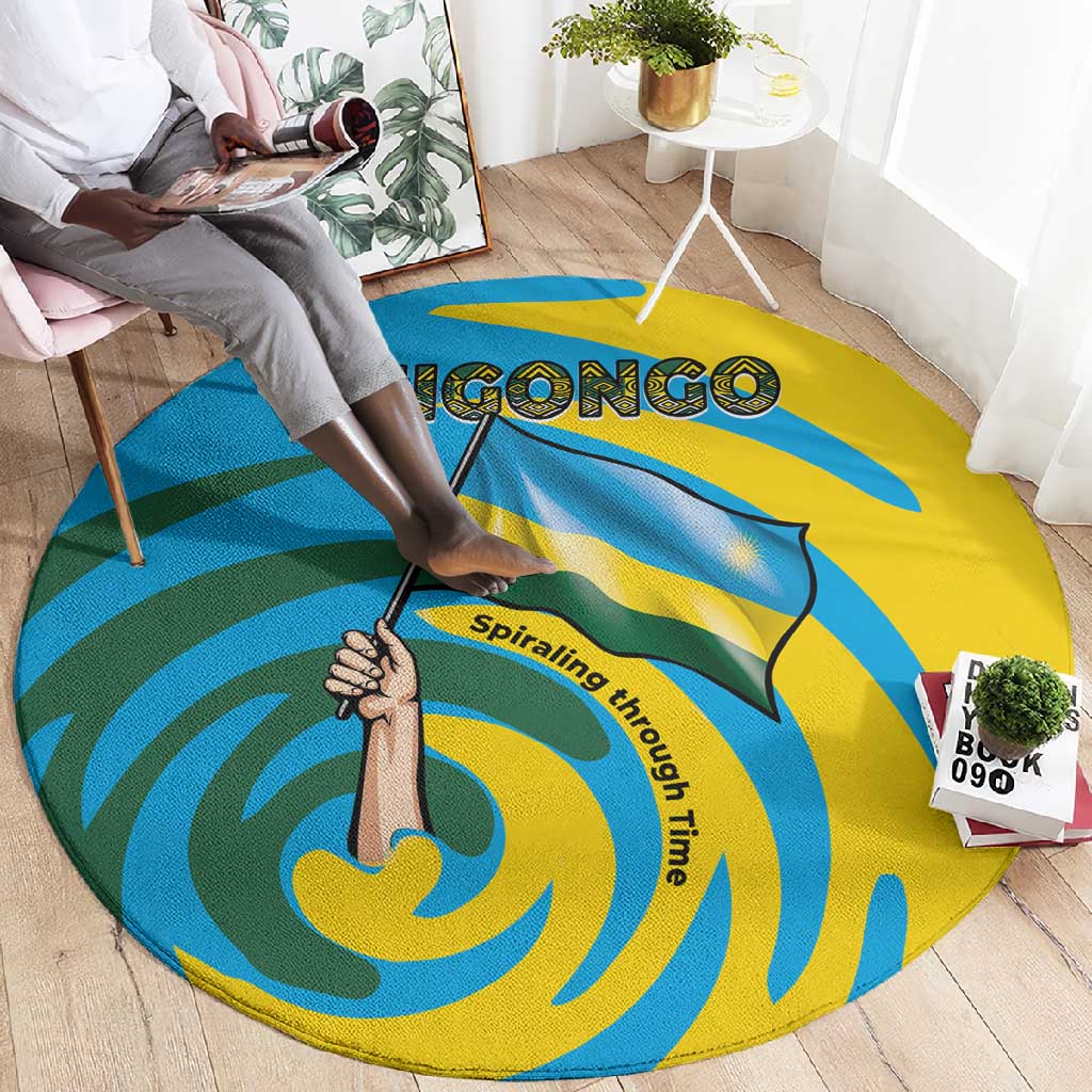 Rwanda Round Carpet with Imigongo Spiraling Flag Hand Wave Time Spirit