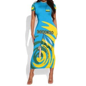 Rwanda Short Sleeve Bodycon Dress with Imigongo Spiraling Flag Hand Wave Time Spirit