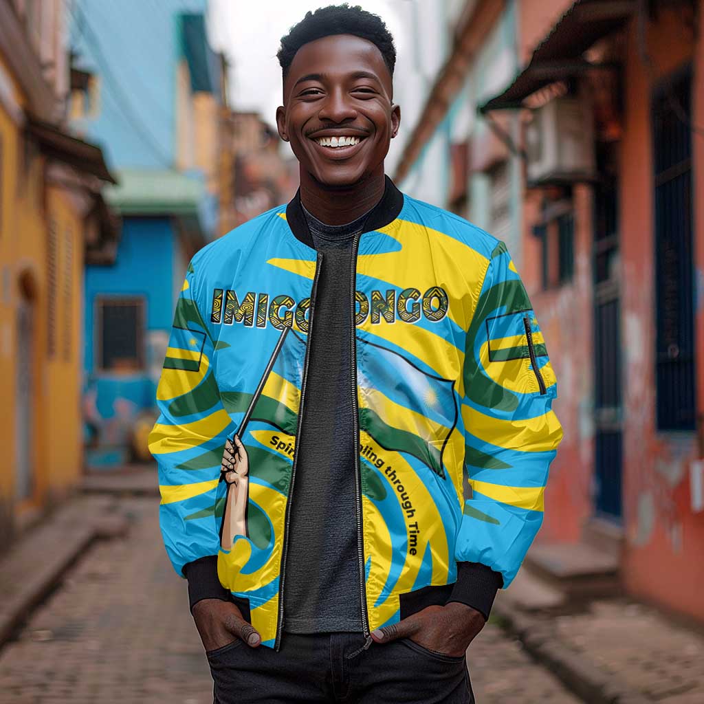 Rwanda Sleeve Zip Bomber Jacket with Imigongo Spiraling Flag Hand Wave Time Spirit