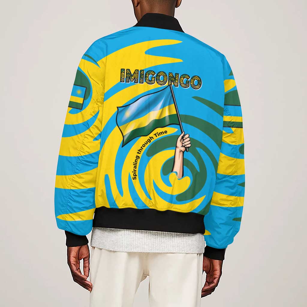 Rwanda Sleeve Zip Bomber Jacket with Imigongo Spiraling Flag Hand Wave Time Spirit