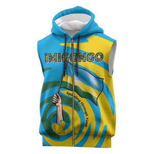 Rwanda Sleeveless Zip Hoodie with Imigongo Spiraling Flag Hand Wave Time Spirit - African Pride