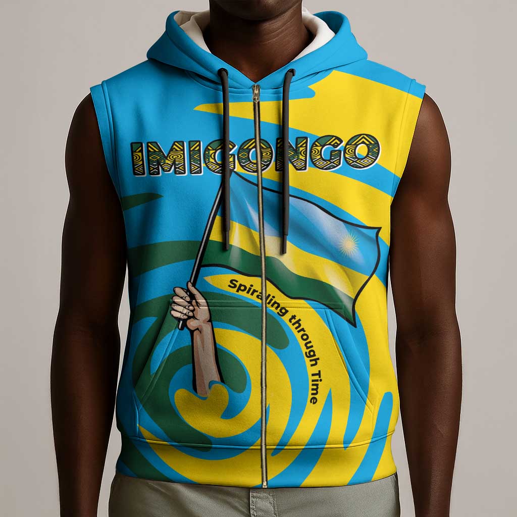 Rwanda Sleeveless Zip Hoodie with Imigongo Spiraling Flag Hand Wave Time Spirit - African Pride