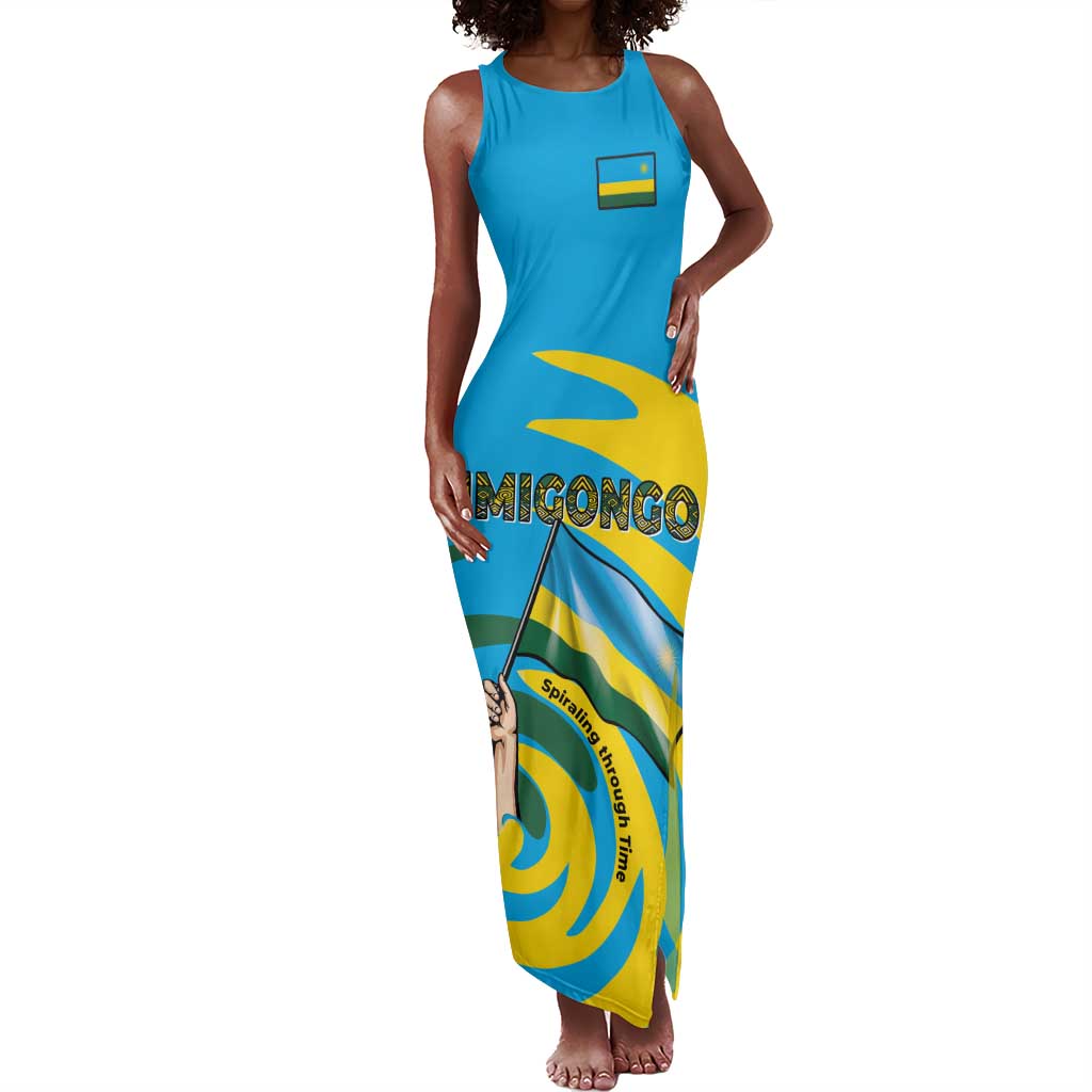Rwanda Tank Maxi Dress with Imigongo Spiraling Flag Hand Wave Time Spirit