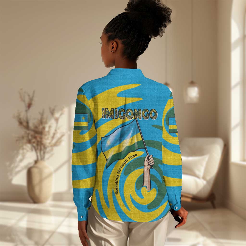 Rwanda Women Casual Shirt with Imigongo Spiraling Flag Hand Wave Time Spirit