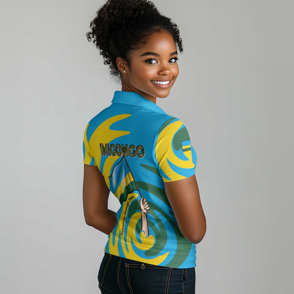 Rwanda Women Polo Shirt with Imigongo Spiraling Flag Hand Wave Time Spirit