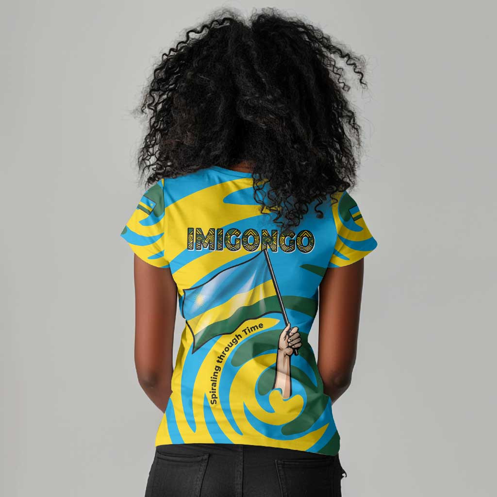 Rwanda Women V-Neck T-Shirt with Imigongo Spiraling Flag Hand Wave Time Spirit