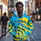 Rwanda Zip Hoodie with Imigongo Spiraling Flag Hand Wave Time Spirit