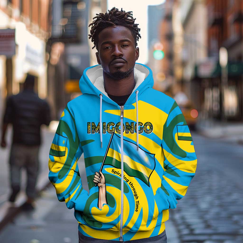 Rwanda Zip Hoodie with Imigongo Spiraling Flag Hand Wave Time Spirit