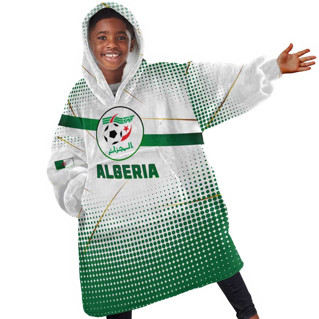 Algeria Soccer Kid Wearable Blanket Hoodie with Desert Warriors Text and National Flag Design