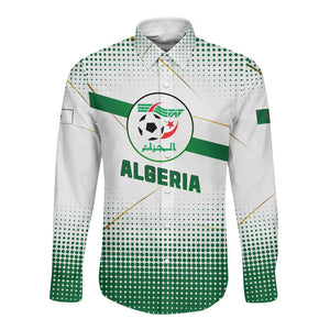 Algeria Soccer Long Sleeve Button Shirt with Desert Warriors Text and National Flag Design