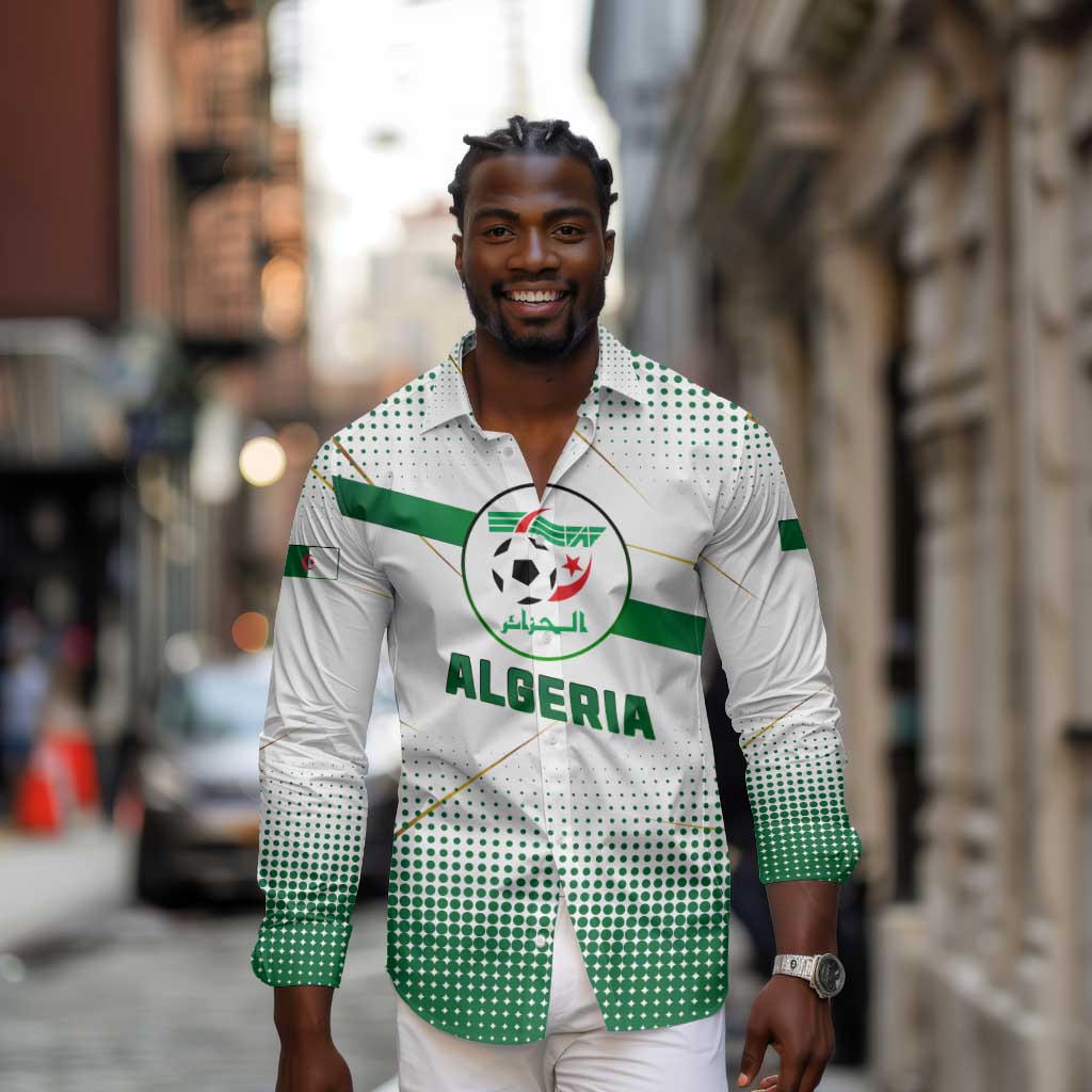 Algeria Soccer Long Sleeve Button Shirt with Desert Warriors Text and National Flag Design
