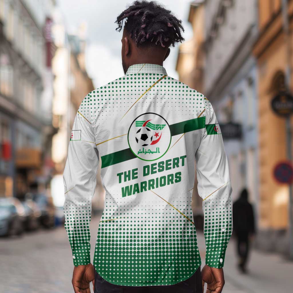 Algeria Soccer Long Sleeve Button Shirt with Desert Warriors Text and National Flag Design