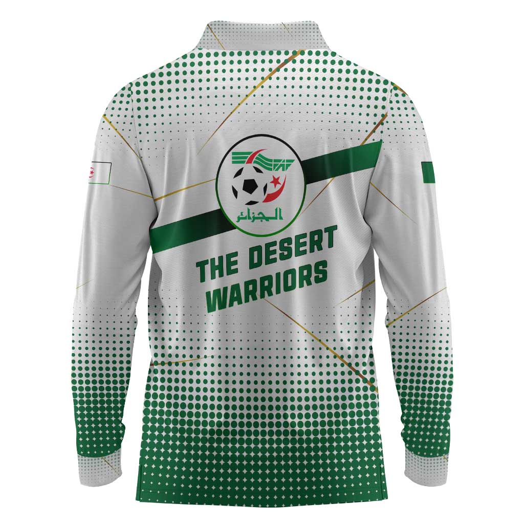 Algeria Soccer Long Sleeve Polo Shirt with Desert Warriors Text and National Flag Design