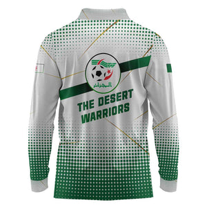 Algeria Soccer Long Sleeve Polo Shirt with Desert Warriors Text and National Flag Design