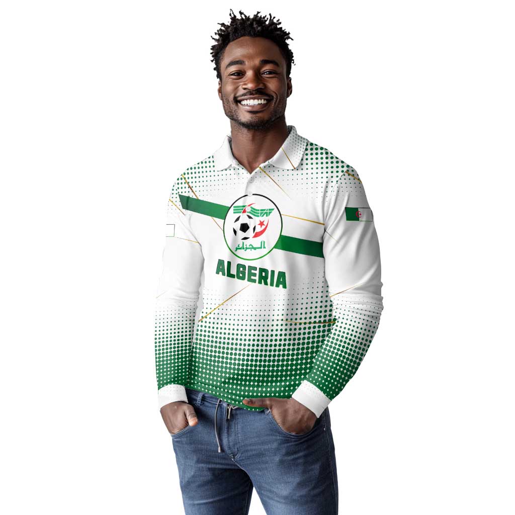 Algeria Soccer Long Sleeve Polo Shirt with Desert Warriors Text and National Flag Design