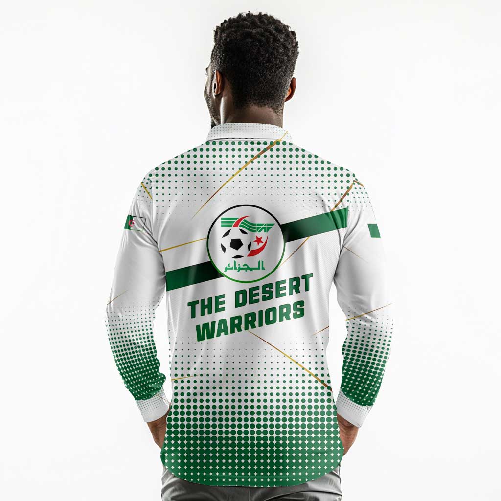 Algeria Soccer Long Sleeve Polo Shirt with Desert Warriors Text and National Flag Design