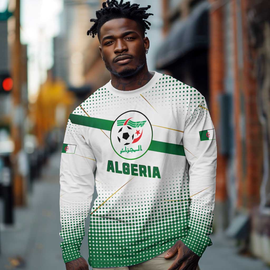 Algeria Soccer Long Sleeve Shirt with Desert Warriors Text and National Flag Design
