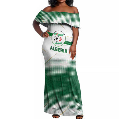 Algeria Soccer Off Shoulder Maxi Dress with Desert Warriors Text and National Flag Design