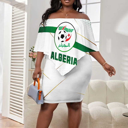 Algeria Soccer Off Shoulder Short Dress with Desert Warriors Text and National Flag Design
